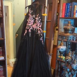 Elegant Black and Pink Floral Prom Dress